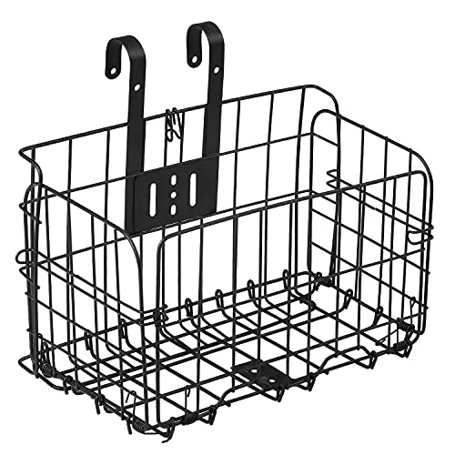 Bike Basket, Steel Wire Front Basket Rear Rack Hanging Basket with Handlebar Hooks for Shopping Commuting Weekend Trips