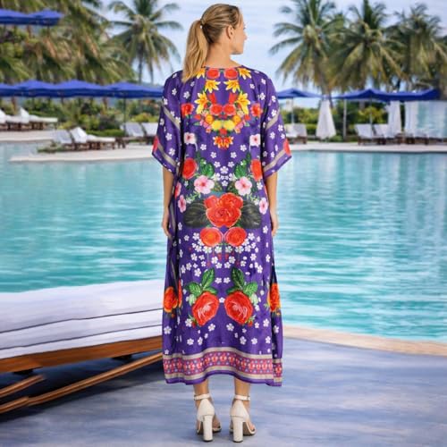 Image of Miss Lavish London Purple Floral Kaftan Dress for Women V Neck Batwing Sleeve Maxi Beach Cover Up, Ethnic Rose Print Plus Size Caftan with Side Slits & Pockets, Resort Wear Swimsuit Coverup-Purple-L