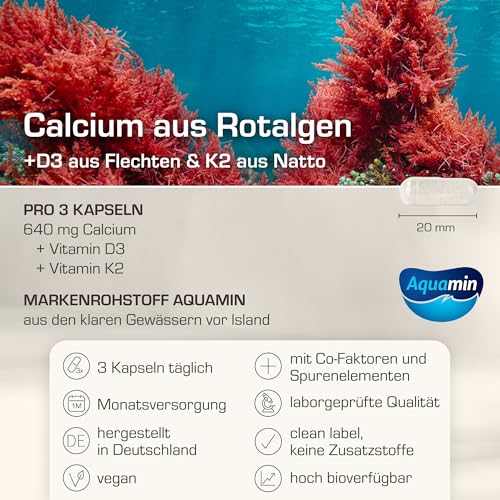 Calcium mit Vitamin D3/K2 | im Glas | Hochdosiert 640 mg | Aquamin natural Calcium aus Rotalgen | natürliches Kalzium | Calcium hochdosiert | vegan, laborgeprüft und in Deutschland hergestellt