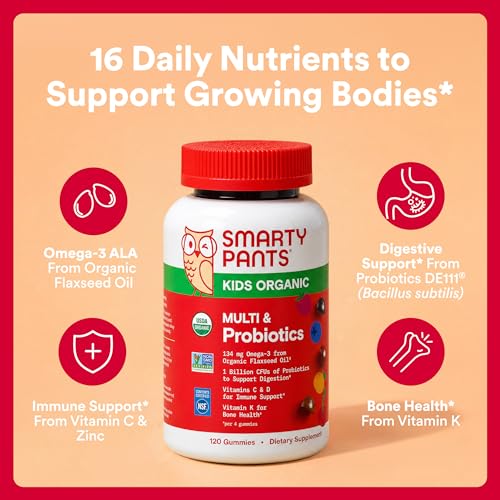 Image of SmartyPants Organic Kids Multivitamin Gummies: Probiotics, Omega 3 (ALA), Vitamin D3, C, Vitamin B12, B6, A, K & Zinc for Immune Support, Biotin, Three Fruit Flavors, 120 Count (30 Day Supply)