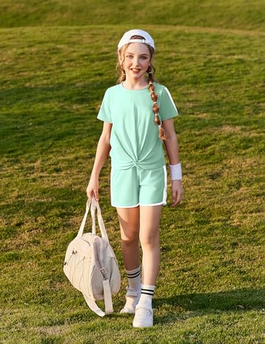 Image of Arshiner Girls Clothing Sets Twist Front Top and Shorts 2 Piece Outfits Activewear Tracksuit 5-14 Year