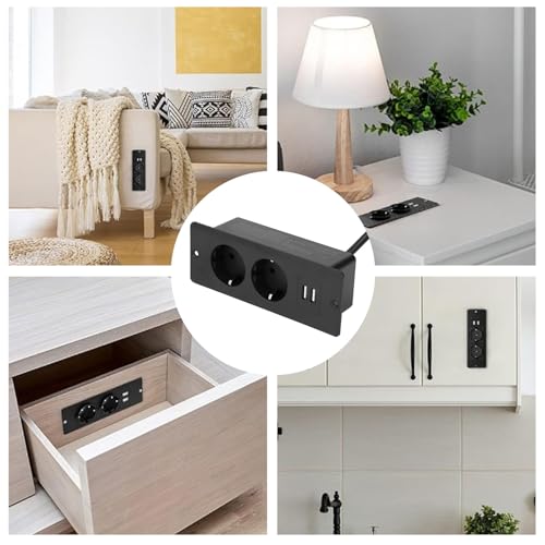 Wbudowane Gniazdo Elektryczne z Portami USB Gniazdo Biurkowe Wpuszczane na Listwę Zasilającą do Montażu Meblowego Czarny (150 znaków)