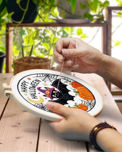 Image of TINDTOP Halloween Embroidery Kit for Adult, Embroidery DIY Starter Kit, with Stamped Patterns, Hoop, Tools, Colorful Threads with Needles, Instructions (Halloween D)