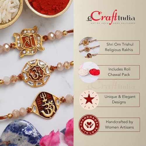 Image of eCraftIndia Multicolor Set of 3 Semi Precious Stone Designer Rakhis with Roli Chawal Pack - Rakhi for Brother