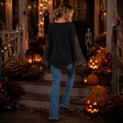 Womens Halloween Shirts Vintage Bell Sleeve Crew Neck Skeleton Top - image 5