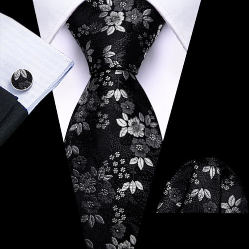 Image of Barry.Wang Flower Ties for Men Handkerchief Cufflinks Set Wedding Necktie Set Party
