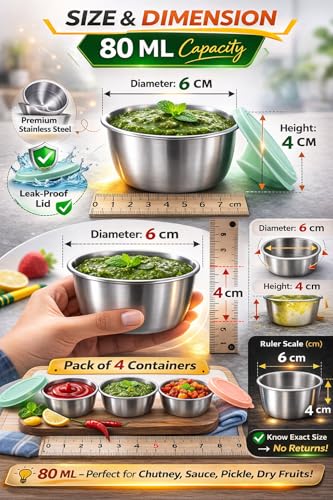 Image of Stainless Steel Mini Storage Containers with Lid (Pack of 4, 80 ml) Leak-Proof Small Round Sauce & Chutney Cups for Kids Tiffin, Lunch Box, Salad Dressing, Snacks, Travel Food Container