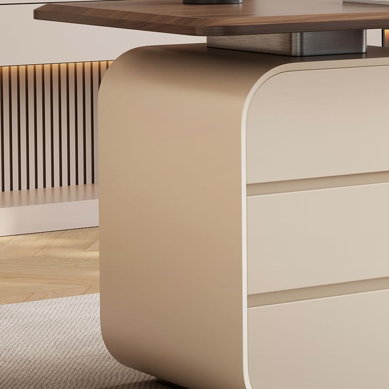 Close-up view of the desk's pedestal base and support leg design
