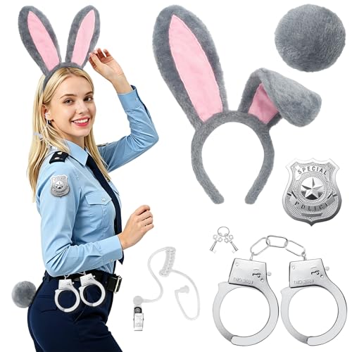 ERDOGLY Bunny Ears Headbands and Tail Bunny Rabbit Costume Accessories for Women Adults Police Pretend Play Set with Grey Plush Ears Headband Cop Badge and Handcuffs for Easter Halloween Role Play