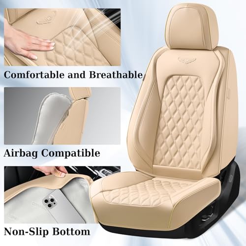 Image of Coverado Full Set Leather Car Seat Covers, Waterproof Faux Leather Seat Covers, Beige Car Seat Protectors, 5 Seats, Universal Fit for Most Cars & SUVs-Beige