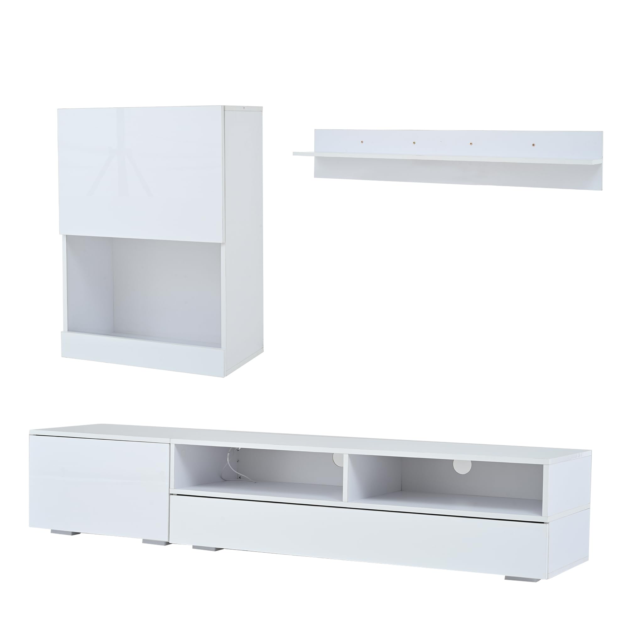 Set da parete per TV, 175 x 39 x 34 cm, con vetrina (set completo, 3 pezzi), supporto per TV, mensola e mensola da parete, con LED e lucido, mobile TV (bianco)