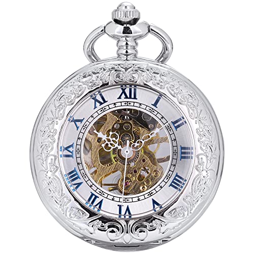 Image of ManChDa Pocket Watch Retro Smooth Classic Mechanical Hand-Wind Pocket Watch Steampunk Roman Numerals Fob Watch for Men Women with Chain + Box