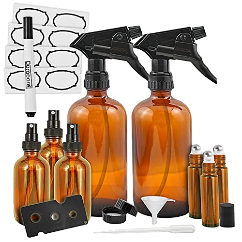 Duracare Amber Glass Spray Bottles (16oz), Essential Oil Roller Bottles (10ml) and Mist Sprayers (2oz) - for Essential Oils, Cleaning Products and Aromatherapy