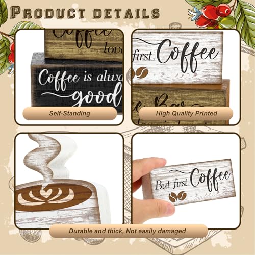 Image of Moucuny 4 Pcs Wooden Coffee Bar Tabletop Decor Coffee Tiered Tray Decor Rustic Wood Bar Sign Gift Farmhouse Table Centerpiece Farmhouse Decorations for Home Kitchen