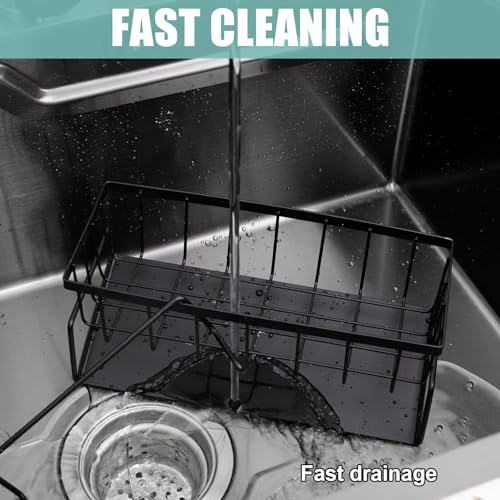 GSrenyu Kitchen Sink Caddy Organizer, Kitchen Organiser, Washing up Organiser with Drip Tray, Sink Organizer with Towel Rack, For Storing Dish Cloths, Sponges, Soap and Brushes (Black) - Image 6