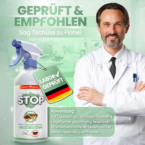 KRAFTKÖNIG Flohspray für Wohnung und Möbel 500 ml – Hochwirksames Umgebungsspray für Hunde & Katzen – sofort einsatzbereit mit Langzeitschutz gegen Flöhe, Made in Germany