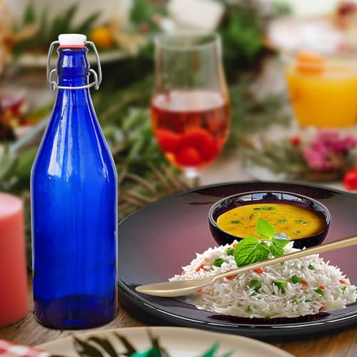 Image of Pure Source India Leak-Proof Reusable Blue Glass Water Bottle 1L with Airtight Steel Lock (Set of 6)