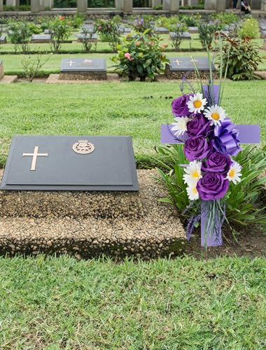 Cross for Cemetery Grave with Flowers: Outdoor Grave Decorations - 1Pc Purple Roses Artificial Flowers Memorial Wooden Cross image 5