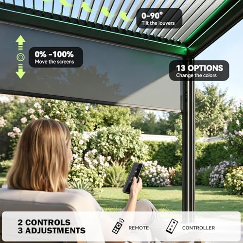 Image of MELLCOM Motorized Louvered Pergola 12x20, Solar & Electric Powered with LED Lights and 6 Side Screens, Aluminum Adjustable Louvered Roof, Weatherproof Outdoor Shelter