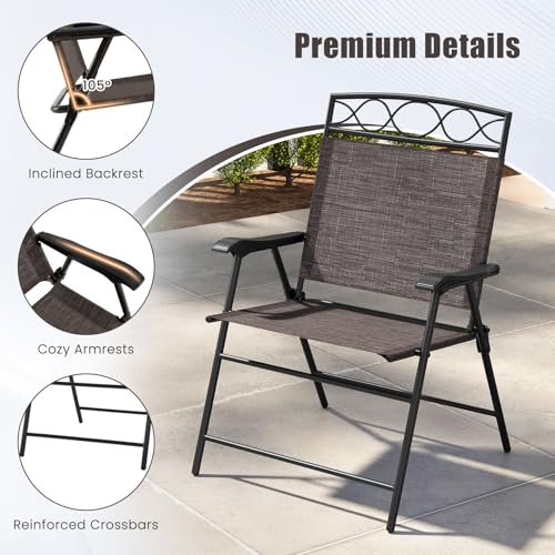Image of Giantex Set of 4 Patio Folding Chairs, Outdoor Dining Chairs for Camping, Beach, Backyard, Deck, Portable Dining Chair w /Armrest and Metal Frame, 4-Pack (Dark Brown)