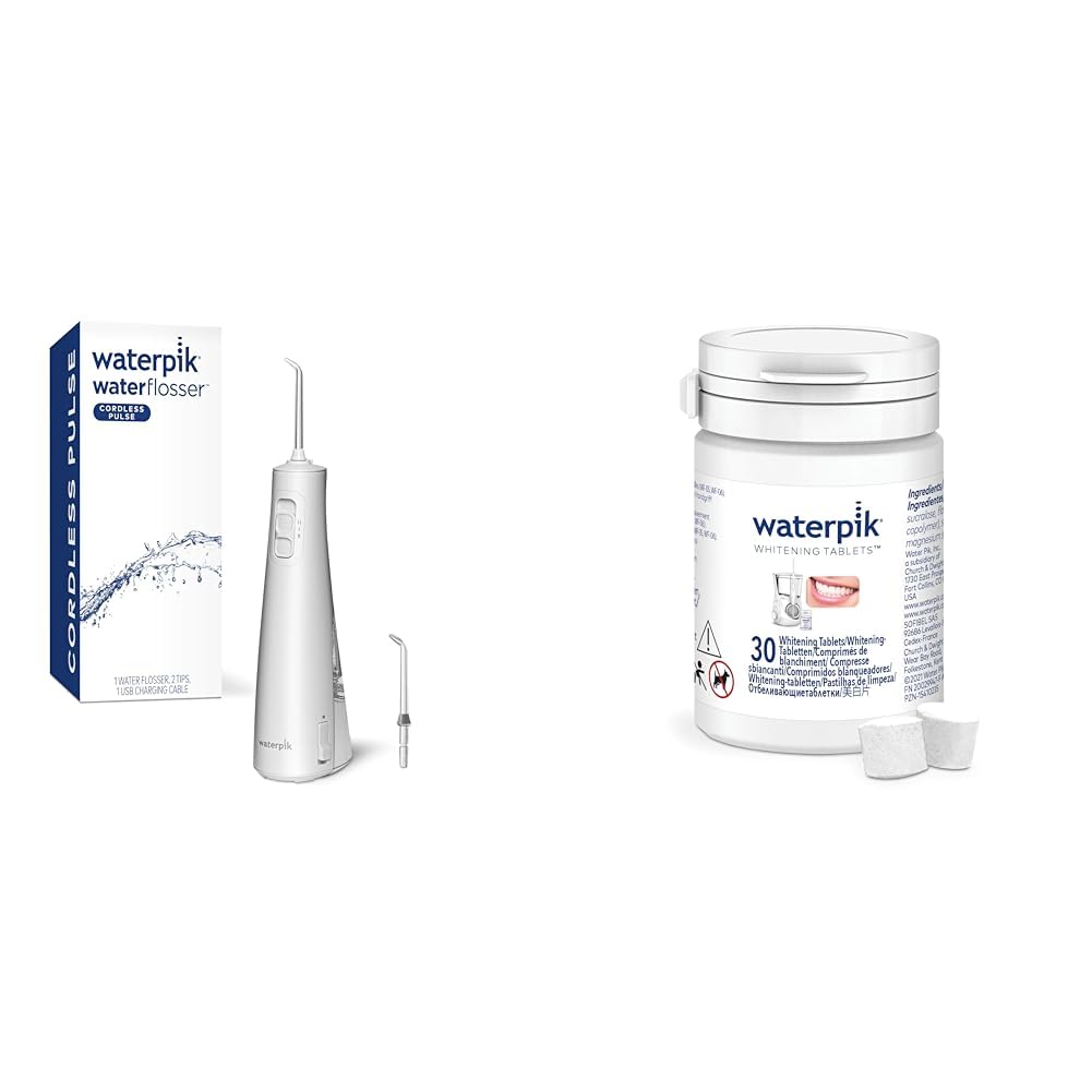 WaterpikCordless Pulse Rechargeable Portable Water Flosser for Teeth, Gums & Fresh Mint Whitening Refill Tablets (30 Count) – for Use with Waterpik Boost Tip