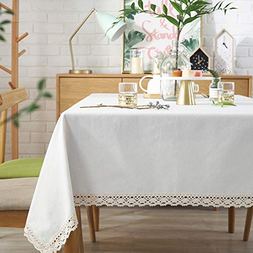 Amzali Classic Cotton Linen Lace Tablecloth Dust-Proof Table Cover for Kitchen Dinner Picnic Tabletop Home Decoration (Rectangle/Oblong, 55 x 98 Inch,Cream White)