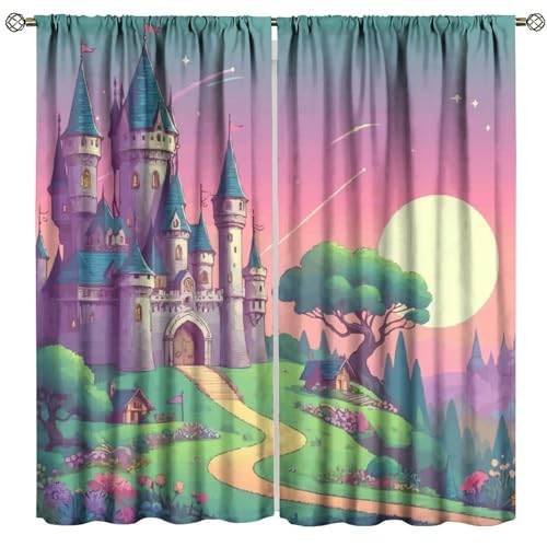 Princess Castle Blackout Curtains, Fantasy Pink Castle Fairy Tale Landscape