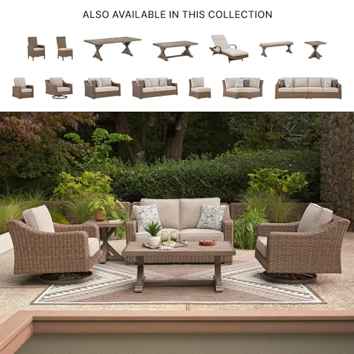 Image of Signature Design by Ashley Carmel Bay Outdoor Loveseat with Cushion, Beige | All-weather resin wicker over rust-resistant aluminum frame, Roomy 60-inch seating, Fade-resistant cushions