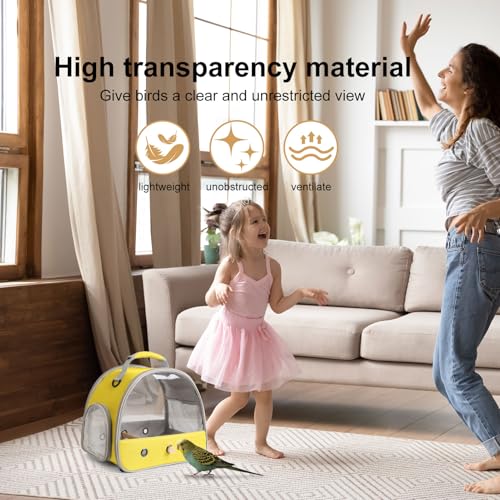 Image of Bird Carrier, Portable Small Bird Parrot Parakeet Carrier with Standing Perch and Stainless Steel Tray, Side Access Window Collapsible (Yellow, Clear Windows)
