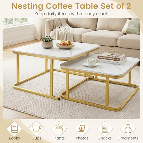 Image of GIANTEX Nesting Coffee Table Set of 2, Faux Marble Center Table with Metal Frame, Modern Square Accent Cocktail Table, Small Coffee Table for Living Room, Small Spaces (White & Gold)