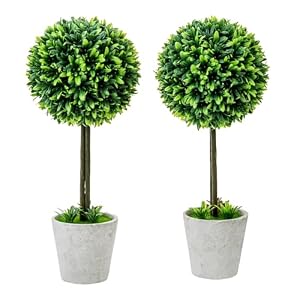 MyGift 15 Inch Artificial Boxwood Topiary Tree – 2 Pack Potted Faux Plant Balls in Gray Pulp Planter, Tabletop Home Décor
