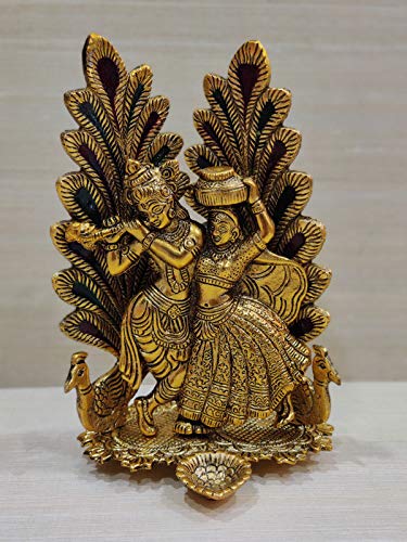 GiftNagri Gold Plated Metal Hindu God Peacock Design Radha Krishna Idol Murti with Diya for Puja Worship Home Temple Office D cor