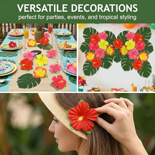 BAUCH 34 Stück Hawaii Deko Set - Künstliche Monstera Blätter und Hibiskus Blüten für Tropische Party, Luau Sommerfest, Tischdeko Dschungel Motto Geburtstag Dekoration