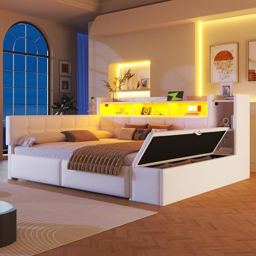 Zepneiy Lit Double capitonné 140×190 cm avec Port USB etLumières LED, canapé-lit avec 2 tiroirs et Compartiments de Rangement, Tabouret de Rangement au...