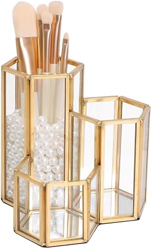 K COOL Soporte decorativo para brochas de maquillaje, soporte para lápices para organizador de escritorio, vitrinas de cosméticos de vidrio dorado,
