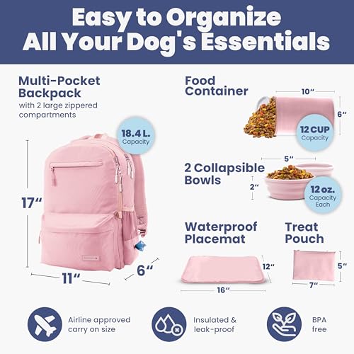 Image of Dog Travel Bag for Supplies - Complete Dog Diaper Bag Backpack with 2 BPA-Free Travel Bowls, Treat Pouch, Food Container, Placemat & Laptop Sleeve - for Traveling, Road Trips, Hiking: Dusty Pink