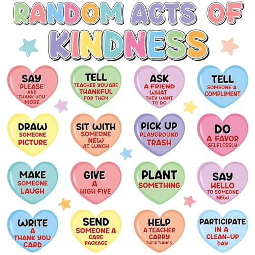 Random Acts of Heart Kindness Bulletin Board Set Colorful Motivational Classroom Decoration Sweet Candy Heart Kind Challenge Cutouts for Back to School Office Home Chalkboard Decor Wall Door