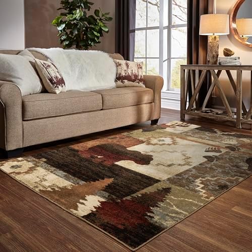 Oriental Weavers Woodlands Area Rug - 9649A - 6'7" x 9'2" - in Brown/Rust - Lodge Style, Stain Resistant, Family and Pet Friendly, Dining, Living Room Rug