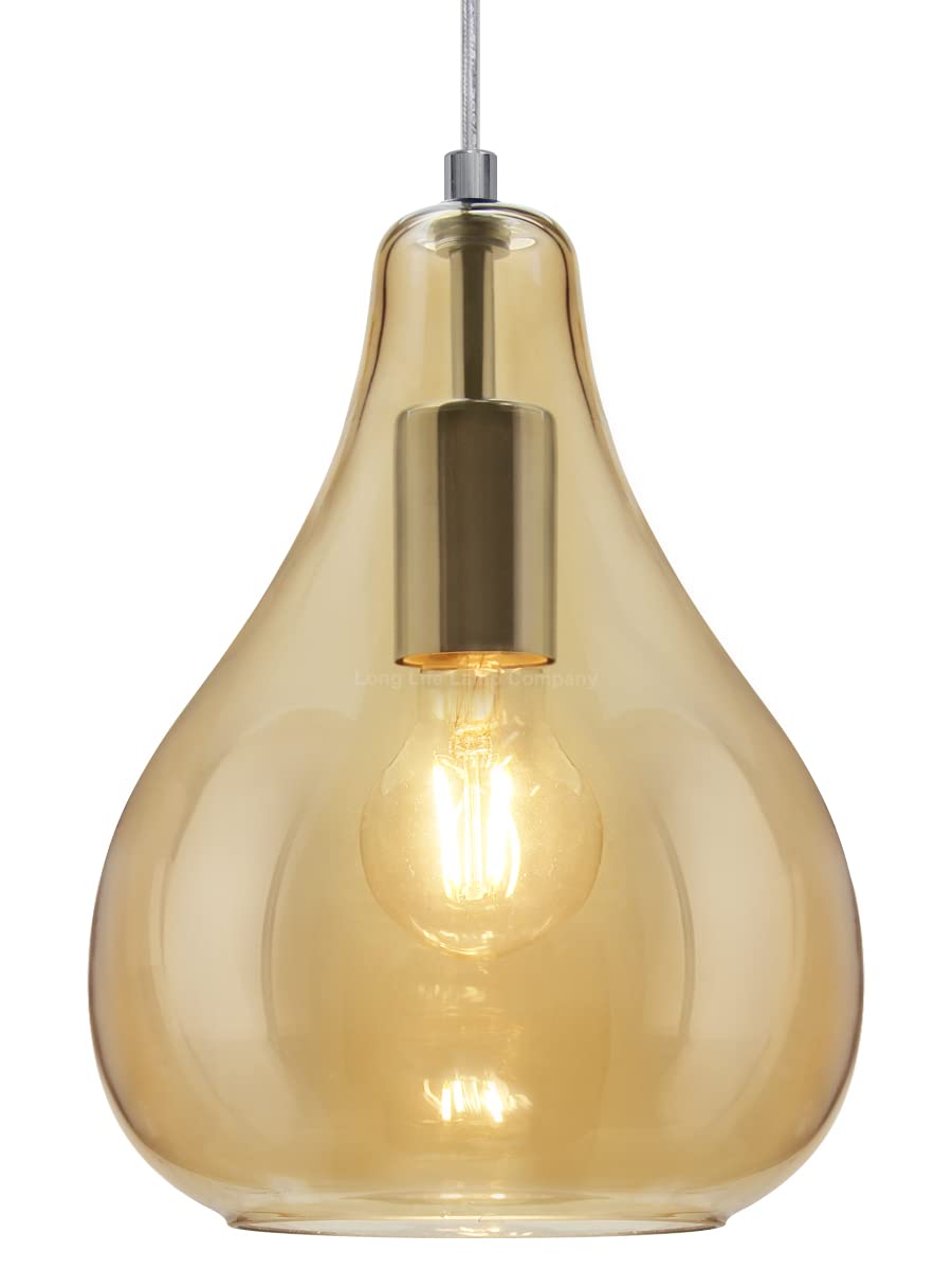 Long Life Lamp Company Amber Modern Tear Drop Pendant Light Glass Shade Smoked Single Chrome Ceiling Lamp Holder H3067