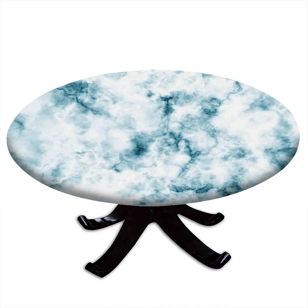 Marble Round Tablecloth with Elastic Edge, Ceramic Style Scratches with Formless Lines and Cracks Artwork, for Dining Tables, Buffet Parties and Camping, Fit for 56" Table, Beige Taupe