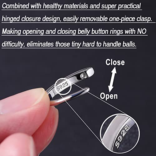 ZS 14G Clicker Belly Button Rings for Women, 925 Sterling Silver Belly Barbell Piercing Simulated Diamonds Rivet Reverse Curved Navel Barbell Body Jewelry3