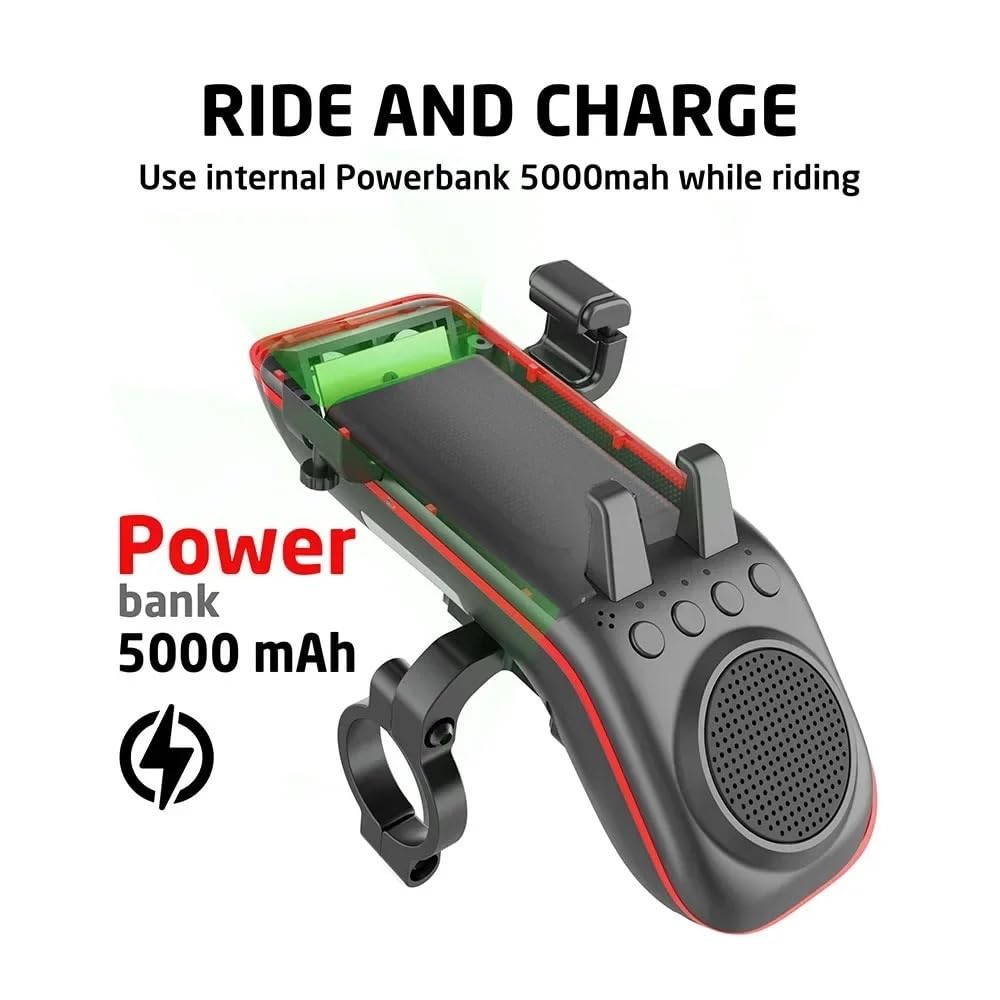 10 w 1 Lampa rowerowa 5000mAh Akumulatorowa lampa przednia Uchwyt na telefon rowerowy z głośnikiem Bluetooth Akcesoria do dzwonka rowerowego(Green)