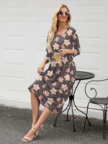 Image of Heymoments Women's Casual 3 /4 Sleeve Midi Dress Crewneck A Line Tiered Flowy Loose Travel Long Dresses with Pockets