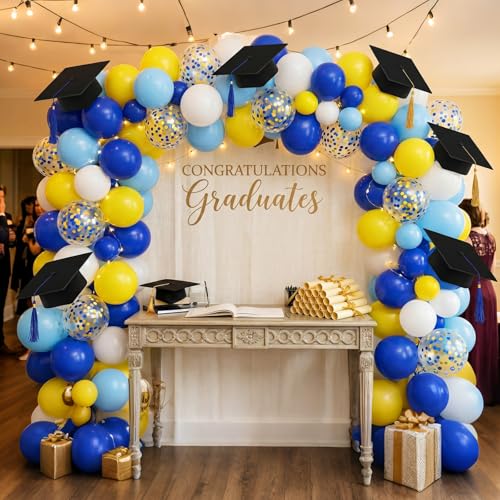 Image of Blue Yellow Balloons, 12Inch Dark Light Blue Yellow and White Latex Balloon with Confetti Helium Balloon for Boy Birthday Nautical Baby Shower Graduation Sports Ocean Sky Cartoon Theme Party Decor