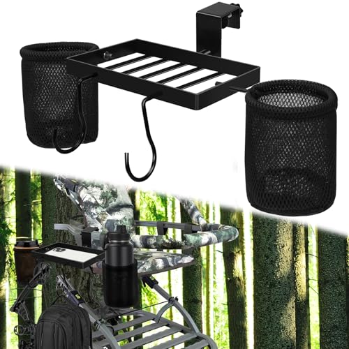 Hunting Accessories Steel Tree Stand Cup Holder Quality Hunting Tree Stand Shelf Drink Holder Ring with Mesh Pouch for Deer Treestand Easy Install Treestand Tray with 2 Hooks Hunt Gear Gifts for Men