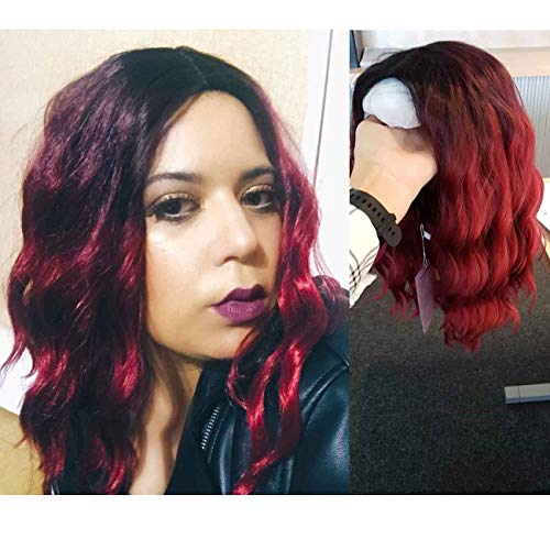 IUPIN Red Wig Short Curly Wigs for Women Natural Looking Black and Red Wig 14 Inches Girl's Charming Synthetic Wig Cosplay Party Halloween Wig Cap Included (Wine Red)