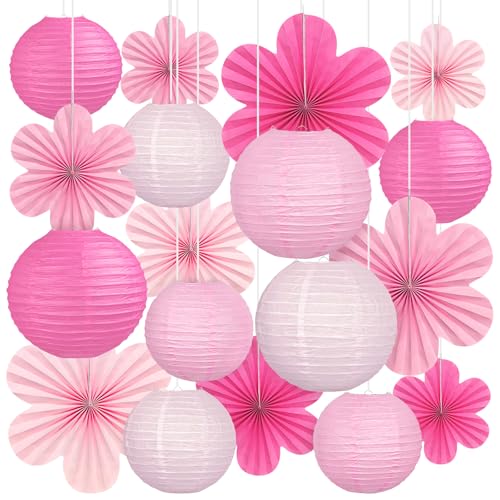 Pink Party Decorations 18Pcs Hot Pink Paper Lanterns & Flower Fans Set