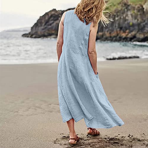 Plus Size Cotton Linen Summer Dresses for Curvy Women 2025 Sleeveless Maxi Vacation Beach Sundresses with Pockets