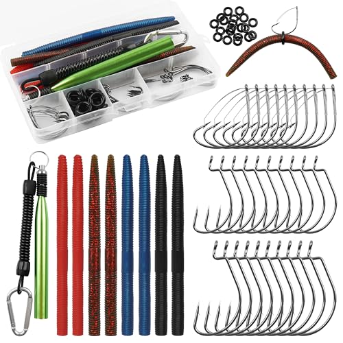 Kit de Anzuelos Wacky Rig AGOOL para Pesca de Black Bass, 70 Piezas con Anzuelos Wacky, O-Rings, Herramienta y Caja de Tackle