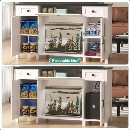 Saudism 55-75 Gallon Aquarium Stand With Charging Station, Farmhouse Fish Tank Stand, Reptile Tank Stand Terrarium Stand with Drawer and Cabinet Storage, Sturdy Heavy Duty 53.5\"×19.7\" Tabletop - White